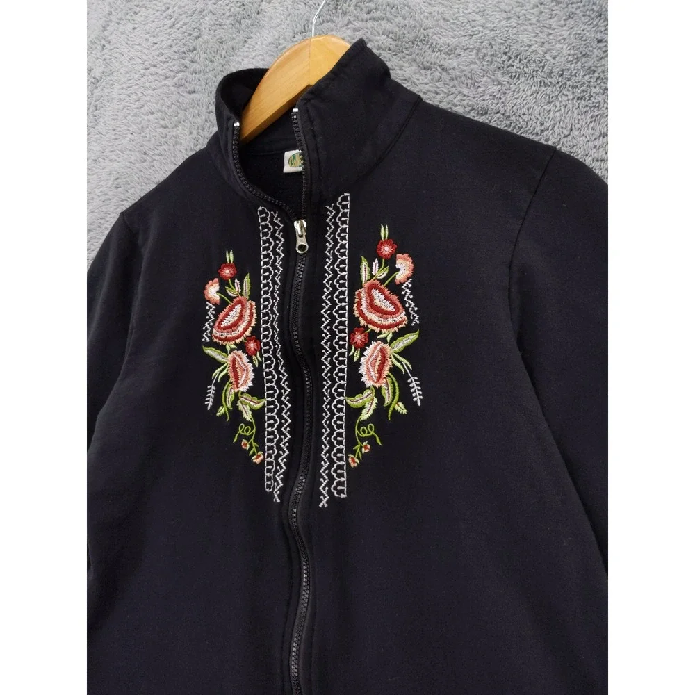 Collections etc‎ Black Embroidered Floral Full Zip Mock Neck Jacket Sz M